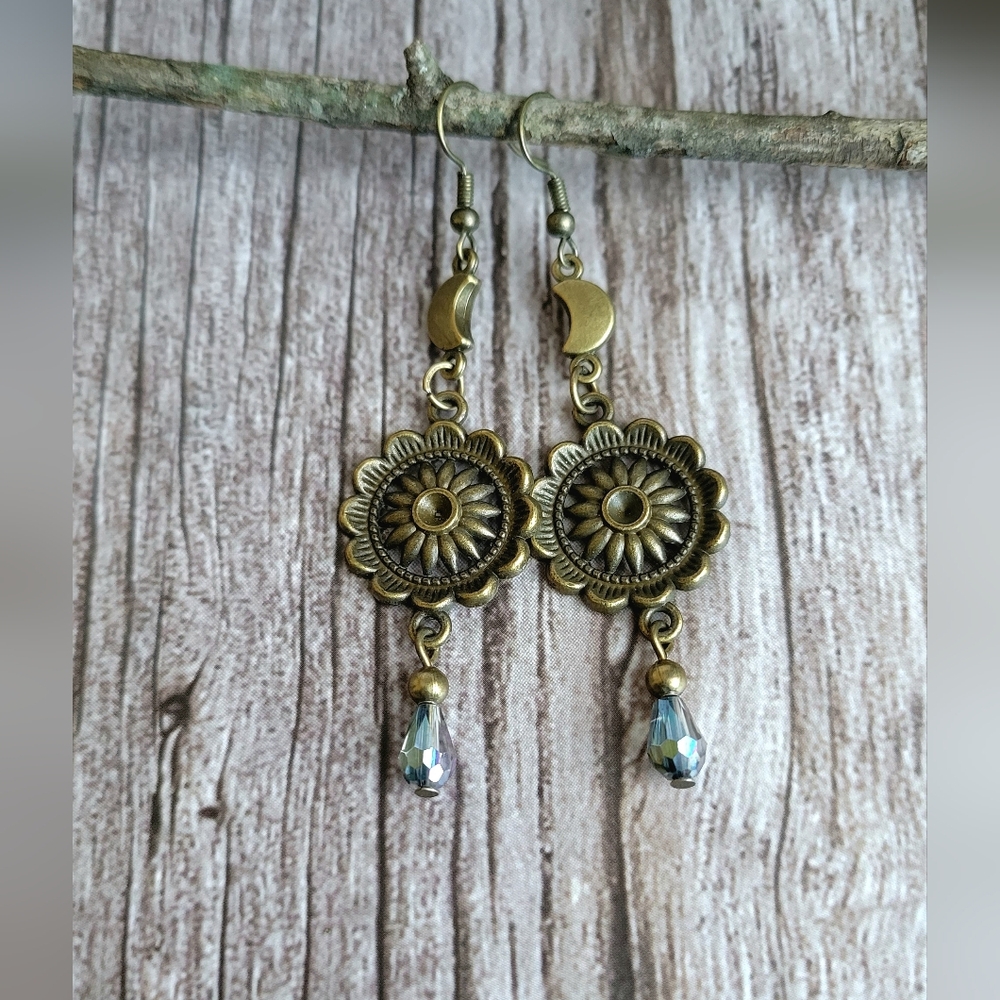 Handmade Bohemian Crescent Moon Crystal And Sunflower Brass Earrings.